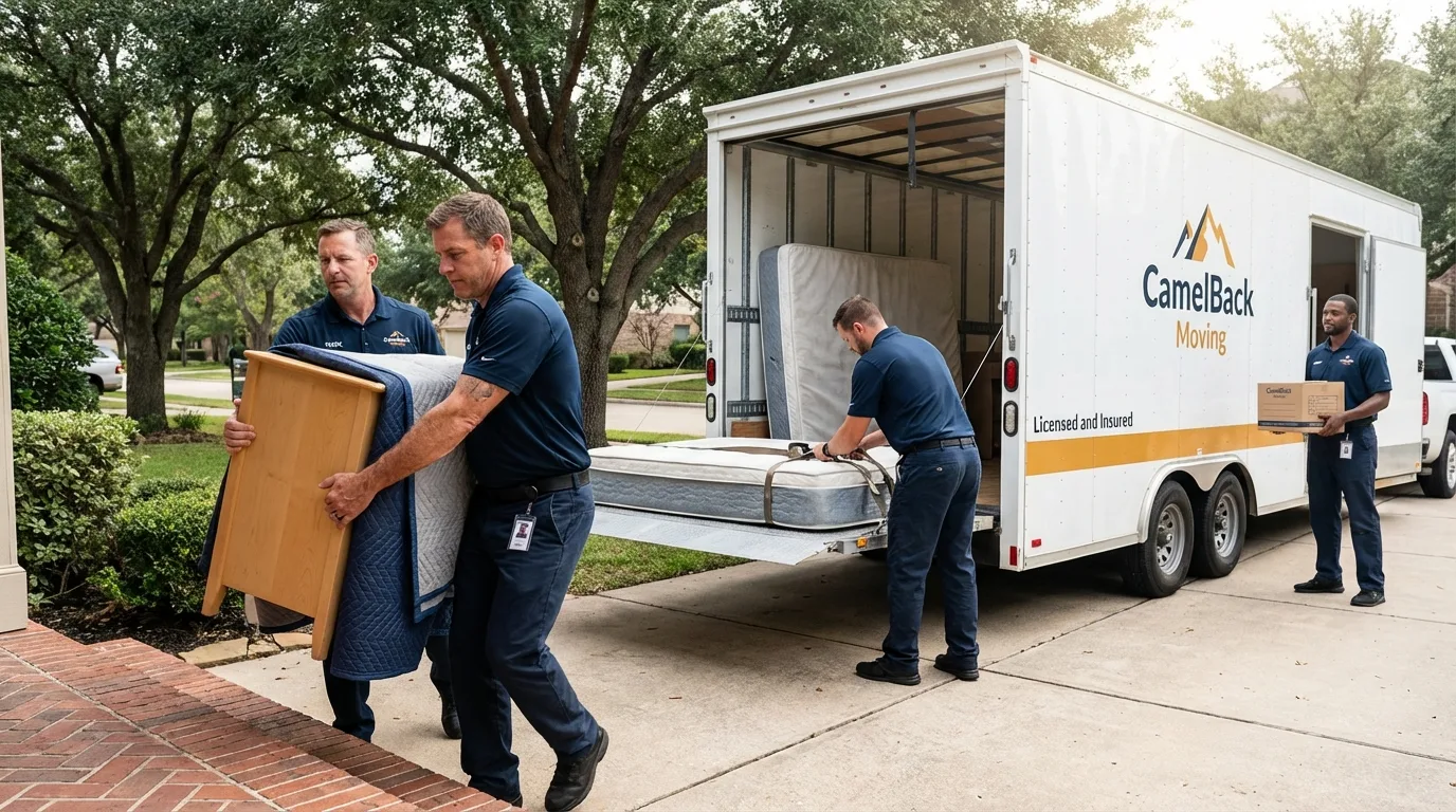 Crew loading residential truck for cross-state move from Livingston, AL
