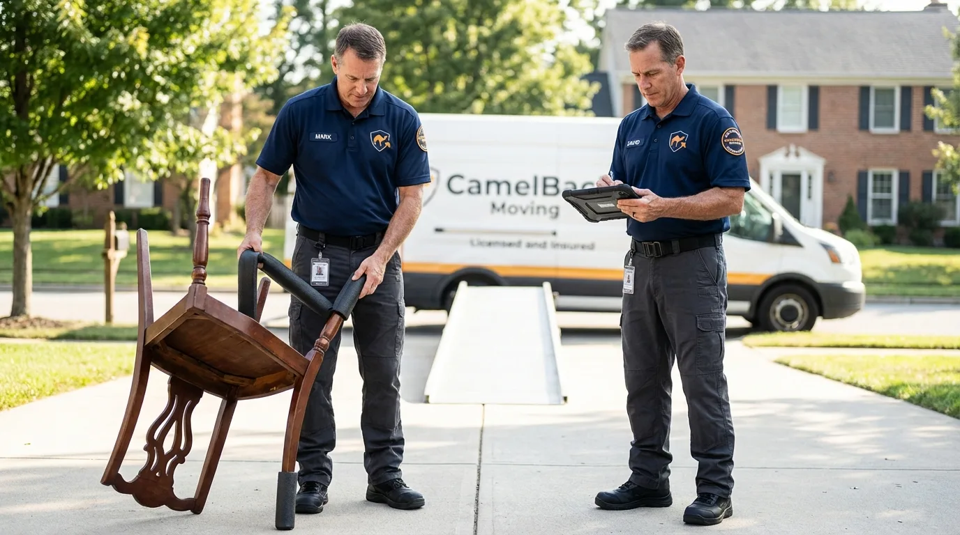 Movers inspecting furniture for damage prevention before loading in Livingston, AL