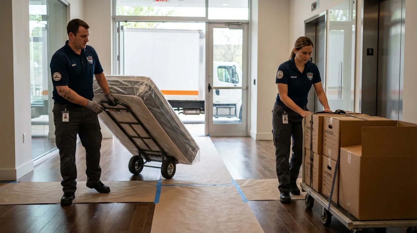 Professional apartment movers loading elevator in Livingston, AL